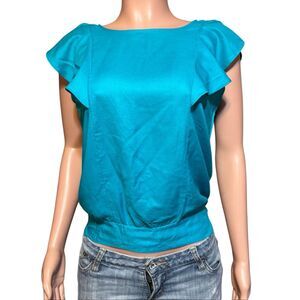 Col story turquoise fluttery ruffled sleeves elastic hem top M